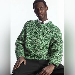 COS Men's Sweater Size XL Tri-Tone Wool Crew-Neck Jumper Green Fisherman
